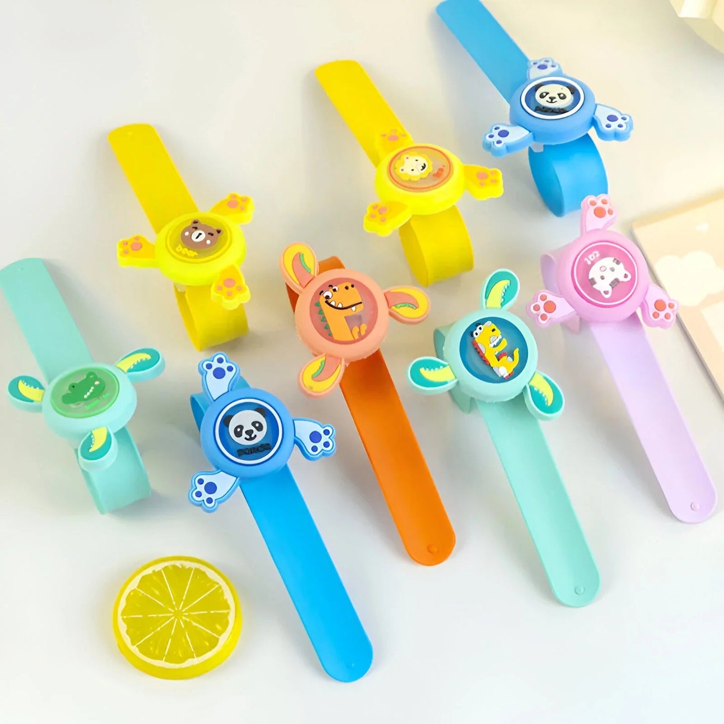 Colorful spinner fidget toy straps for ages 3+, featuring cute animal designs for fun and stress relief