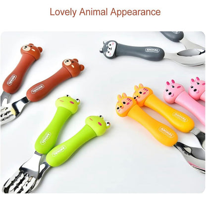 Colorful animal-themed spoon and a fork set for toddlers, perfect for meal time fun and learning
