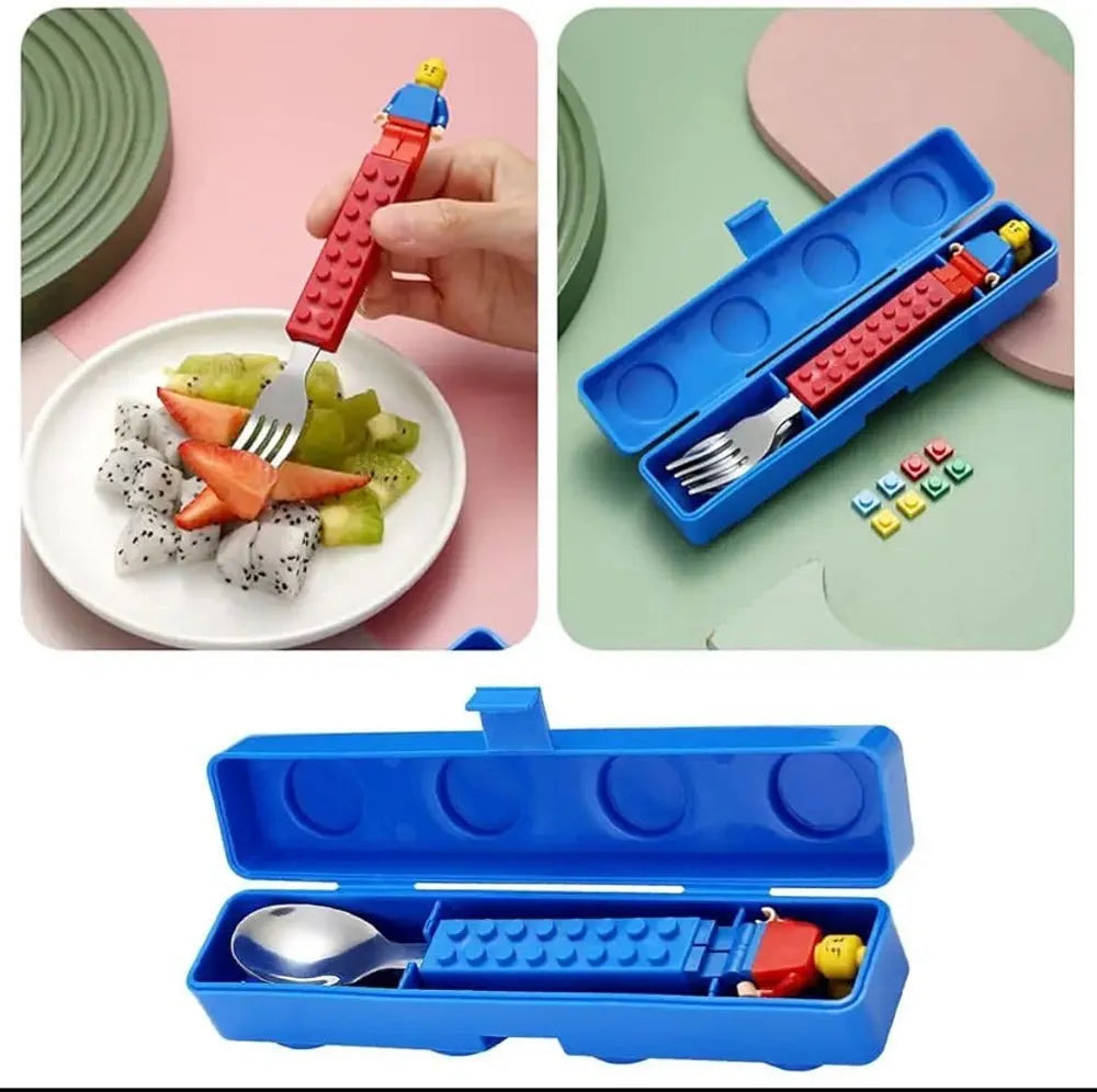 NIYO TOYS Lego-themed spoon and a fork in a blue case for kids, age 3+, fun mealtime accessory