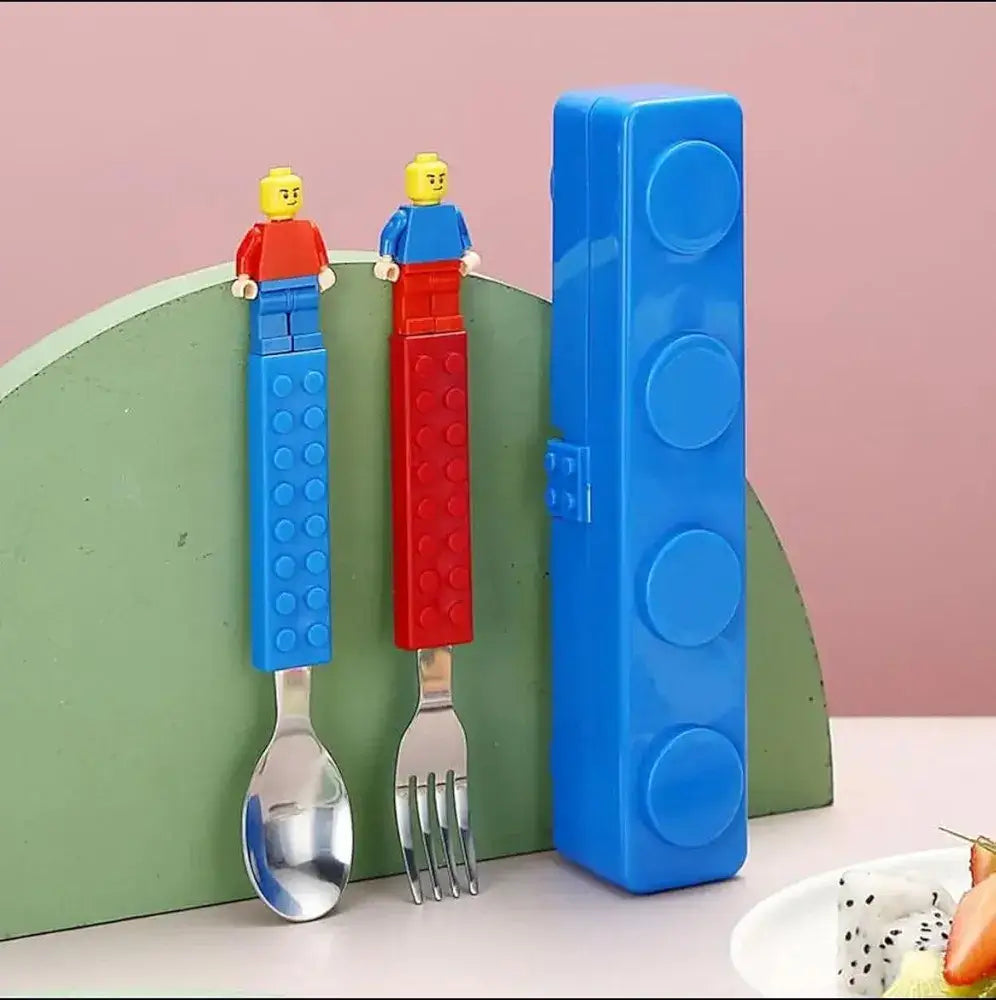 Niyo Toys blue spoon and a fork set with LEGO figures for kids age 3+, perfect for fun mealtime adventures