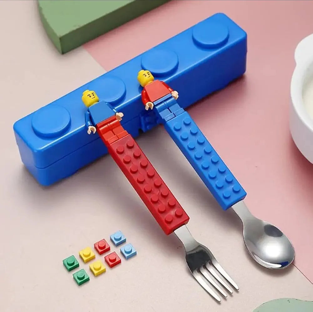 Colorful LEGO-style spoon and a fork for kids, designed for ages 3 and up, perfect for fun mealtimes
