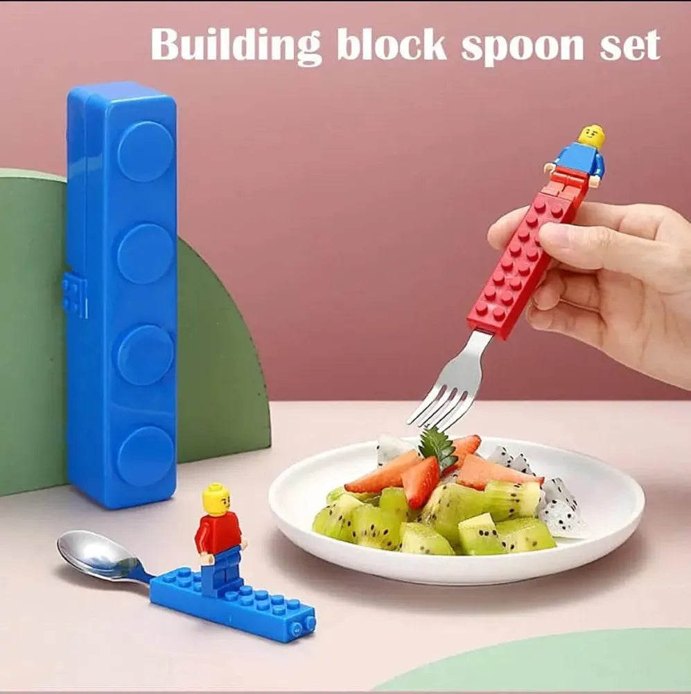 NIYO TOYS building block spoon and a fork set in red and blue for kids, fun mealtime utensil for ages 3 and up