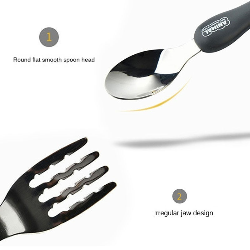 NIYO TOYS fork and spoon set with a round smooth spoon head and irregular jaw design for kids