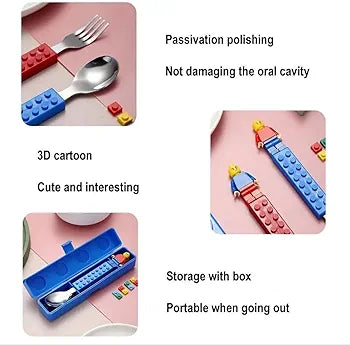 NIYO TOYS Lego-themed spoon and a fork set in blue for kids, age 3+, portable with storage box