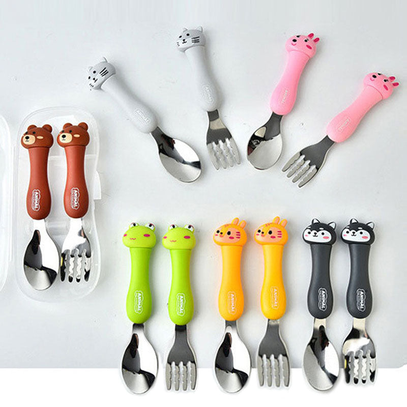 Colorful Niyo Toys fork spoon set featuring animal designs for kids ages 18 months and up