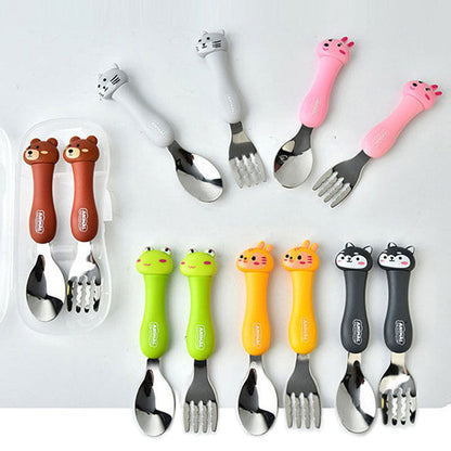 Colorful Niyo Toys fork spoon set featuring animal designs for kids ages 18 months and up