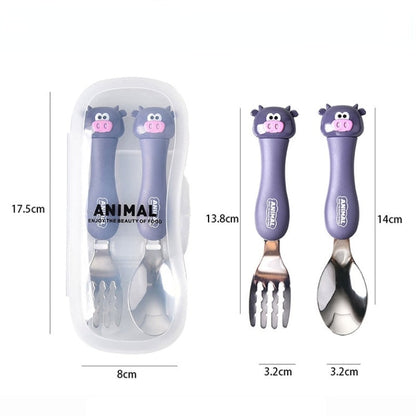 Purple animal-themed fork and spoon set for kids, age 3+, perfect for fun mealtimes