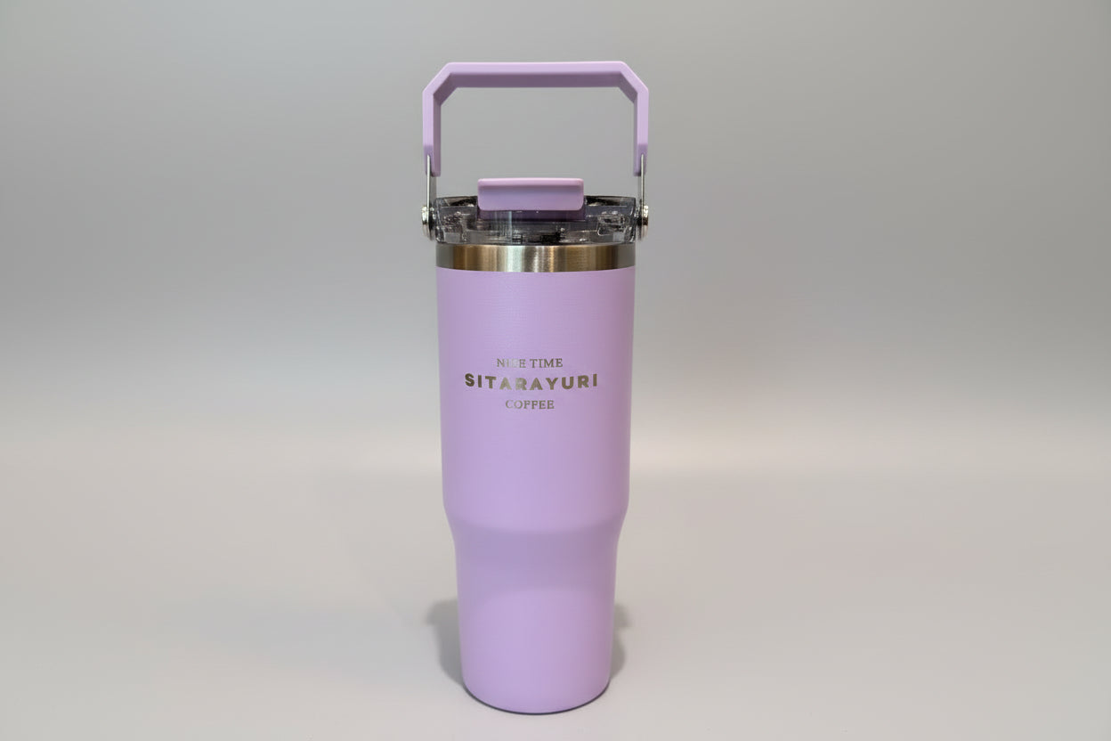 Purple stainless steel tumbler with straw, perfect for coffee lovers and kids age 3 and up