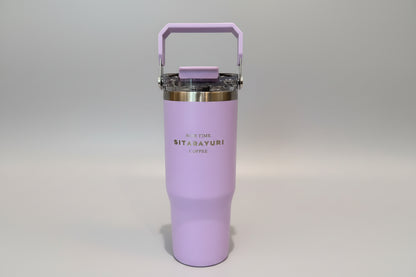 Purple stainless steel tumbler with straw, perfect for coffee lovers and kids age 3 and up