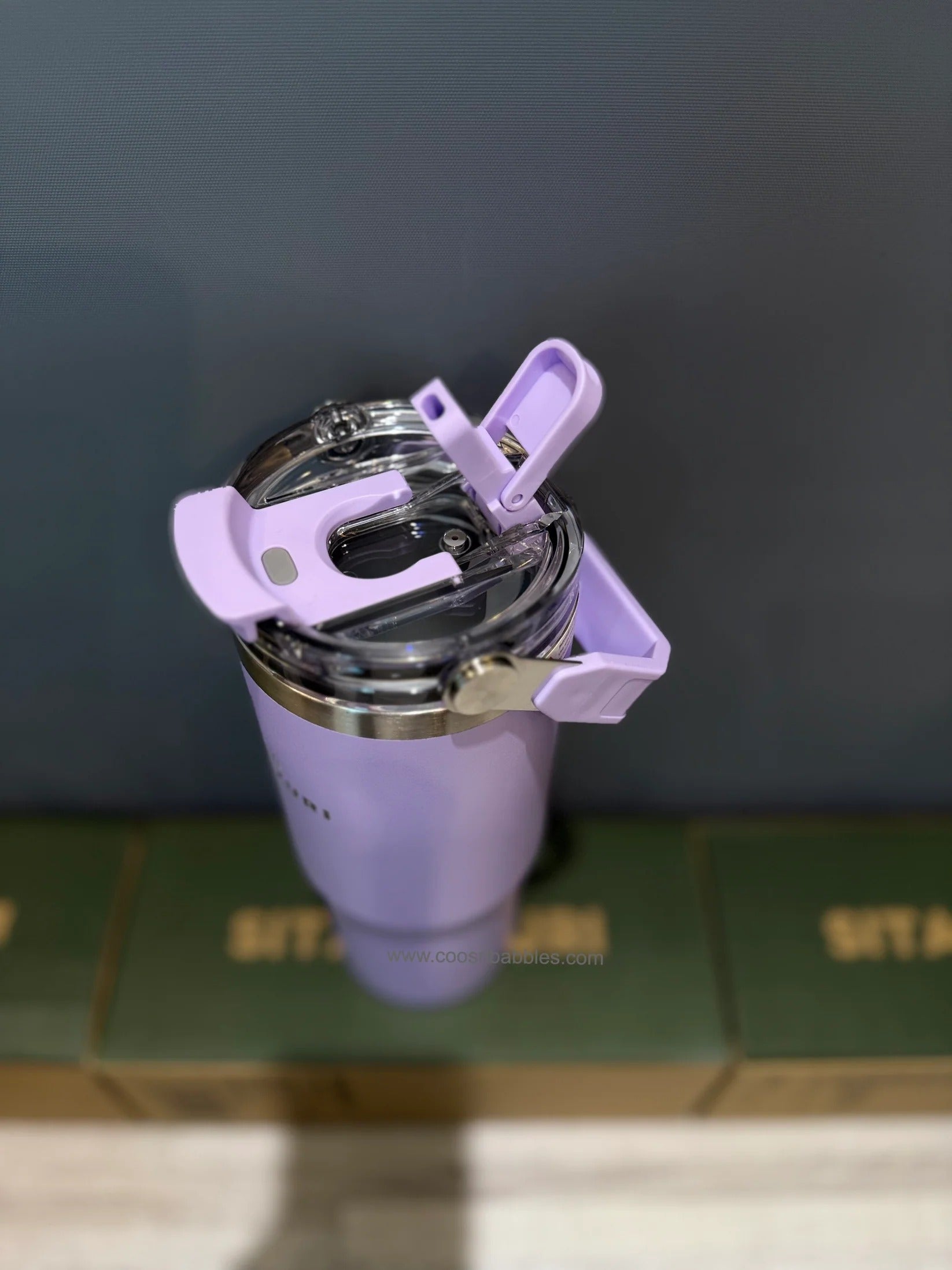 Purple stainless steel tumbler with straw, designed for kids age 3+, perfect for drinks at home or on the go
