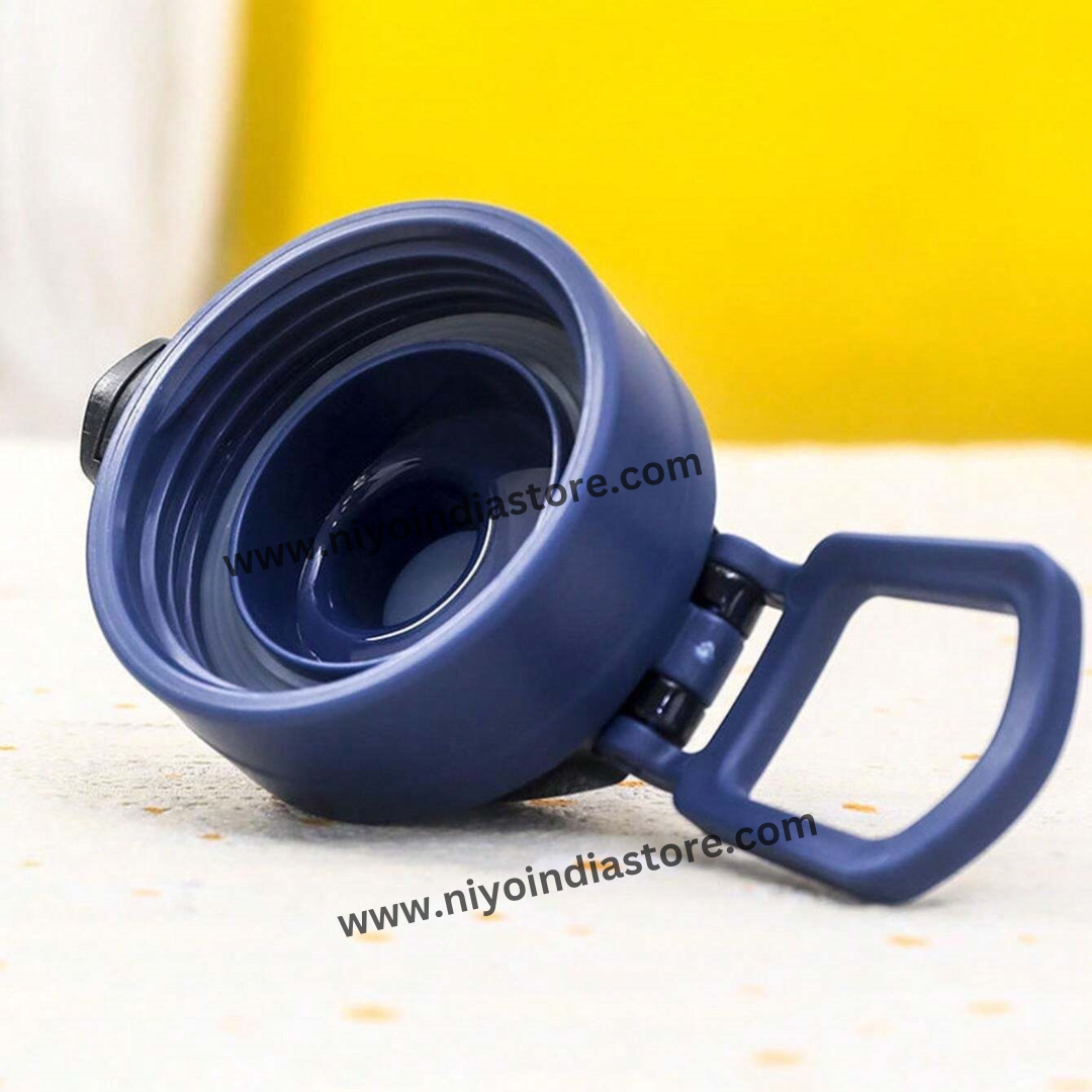 NIYO TOYS navy stainless steel vacuum bottle for kids aged 3+ with a secure lid and portable handle