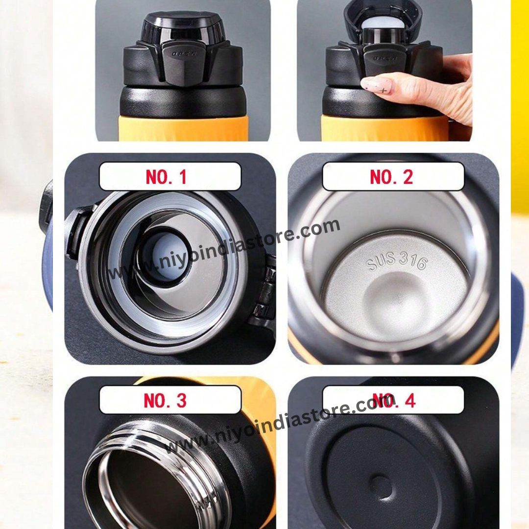 NIYO TOYS stainless steel vacuum bottle in black and yellow, perfect for kids and outdoor activities