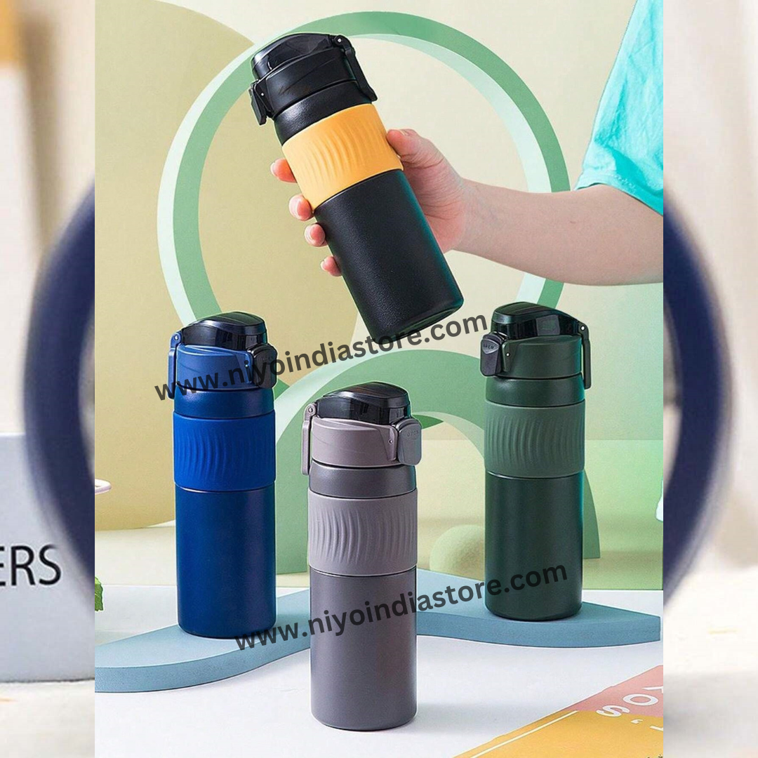 NIYO TOYS stainless steel vacuum bottle in four colorful designs, ideal for kids and adults on the go