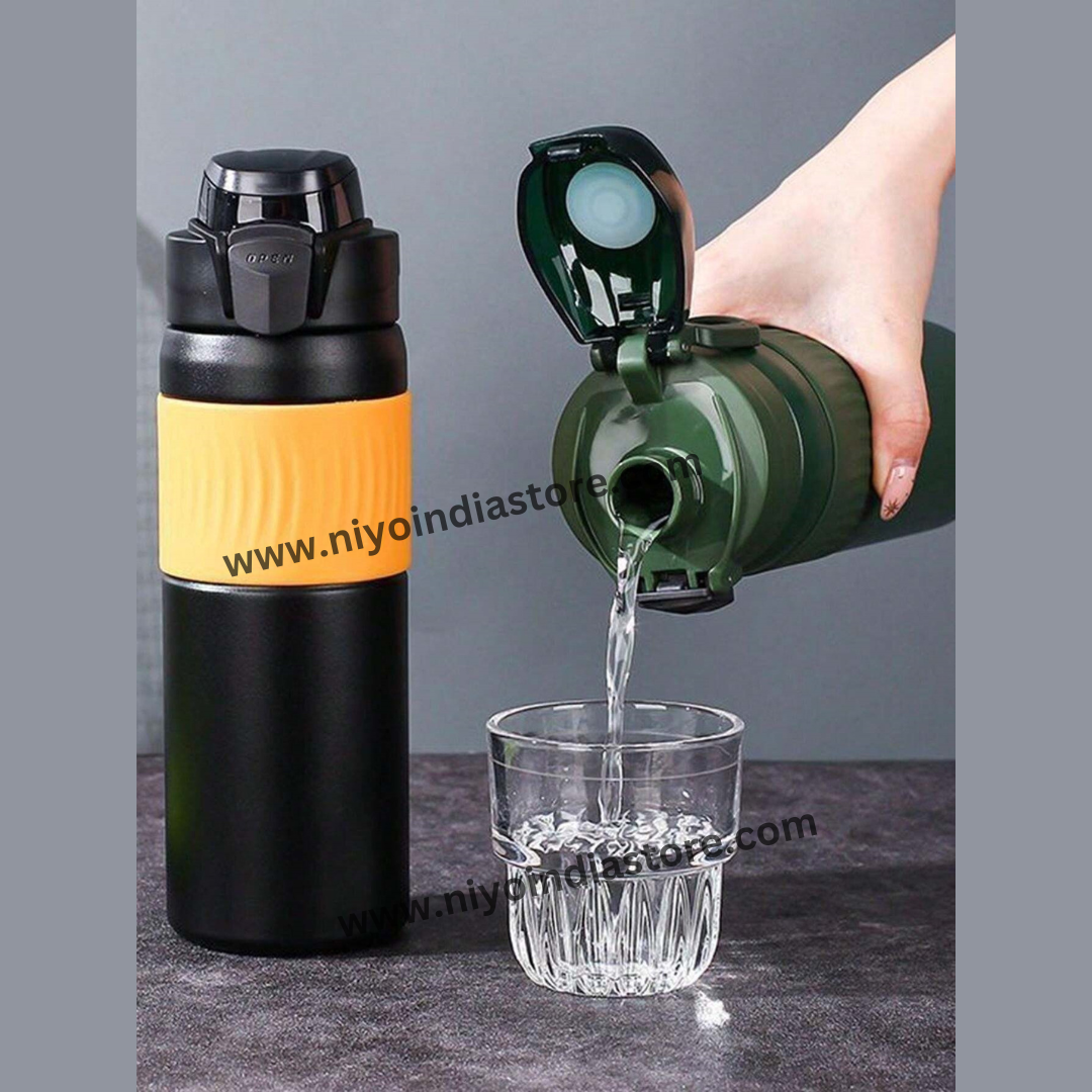 NIYO TOYS stainless steel vacuum bottle in black and green, perfect for outdoor activities and hydration