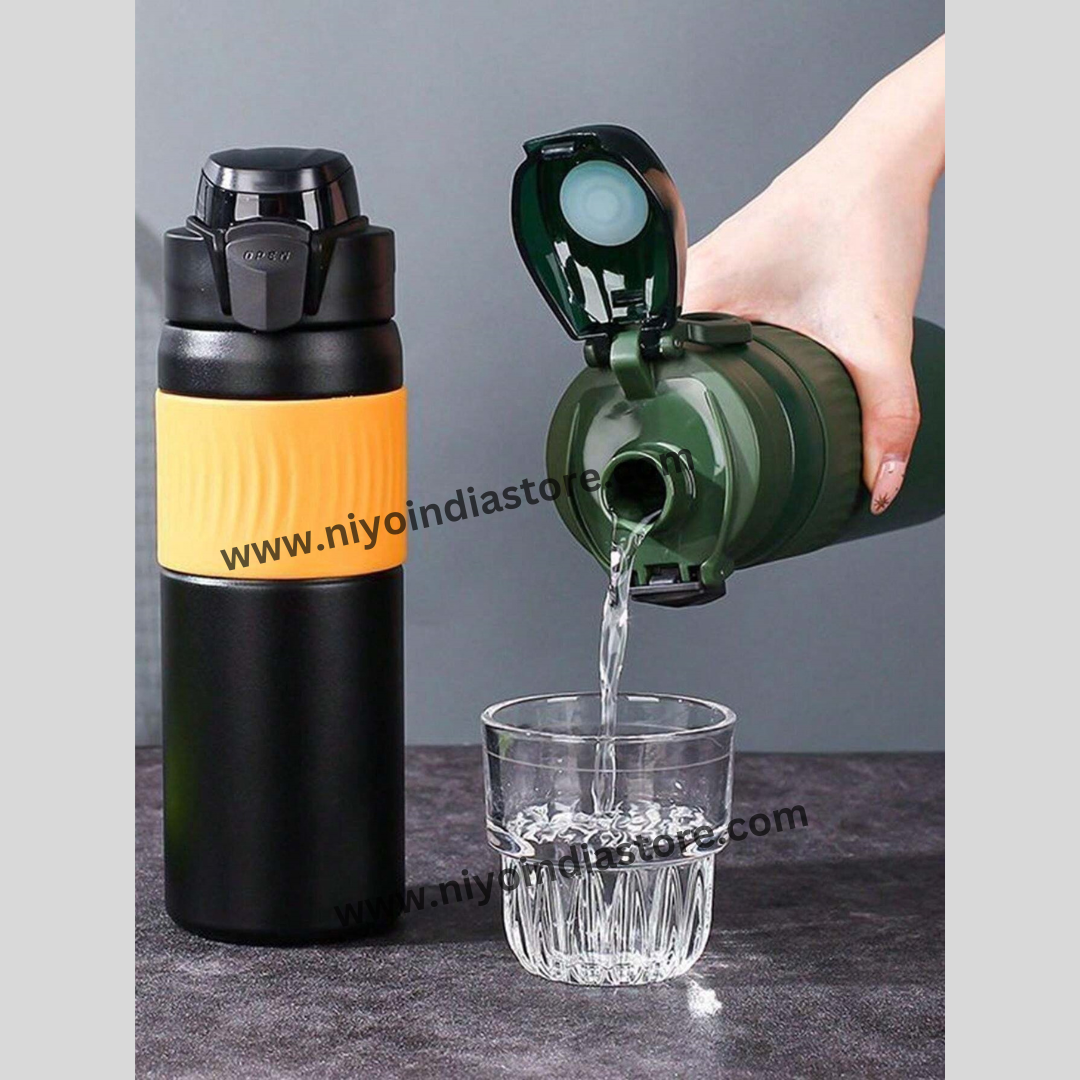 NIYO TOYS stainless steel vacuum bottle in black and yellow, ideal for outdoor use and hydration.