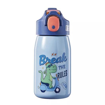 NIYO TOYS stainless steel water bottle kids in blue with dinosaur design and easy flip top lid