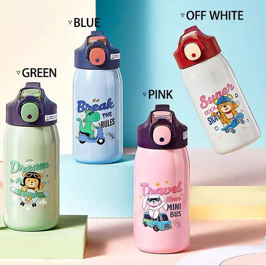 NIYO TOYS stainless steel water bottle kids in blue, off white, pink, and green with fun designs