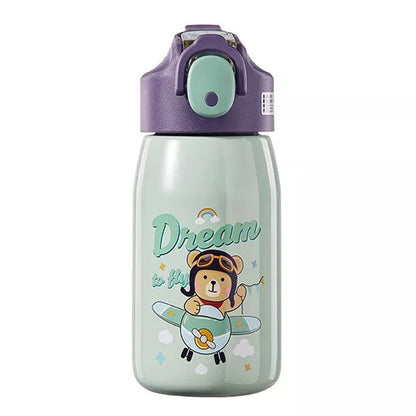 NIYO TOYS stainless steel water bottle kids featuring a cute bear design and secure flip-top cap