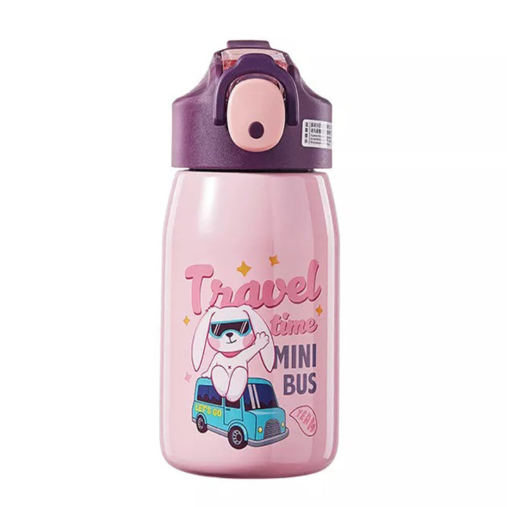 NIYO TOYS pink stainless steel water bottle kids with fun bus design and easy flip-top lid