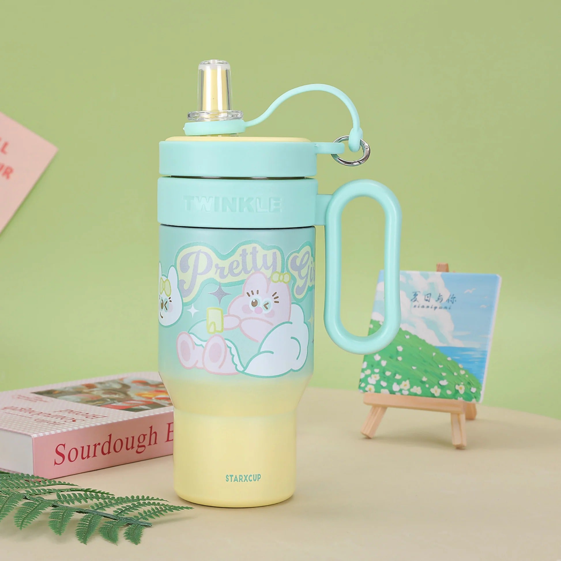 Twinkle pastel blue insulated tumbler featuring cute cartoon characters, ideal for kids age 3+, perfect for drinks on-the-go