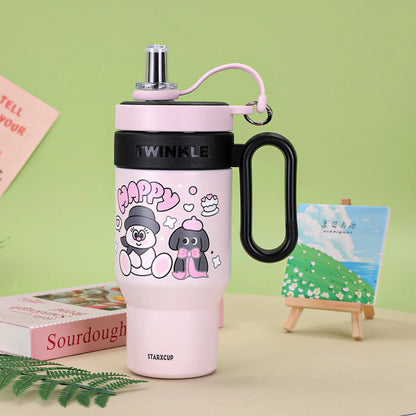 Pink insulated tumbler with cute characters, perfect for kids age 3+, ideal for drinks on the go
