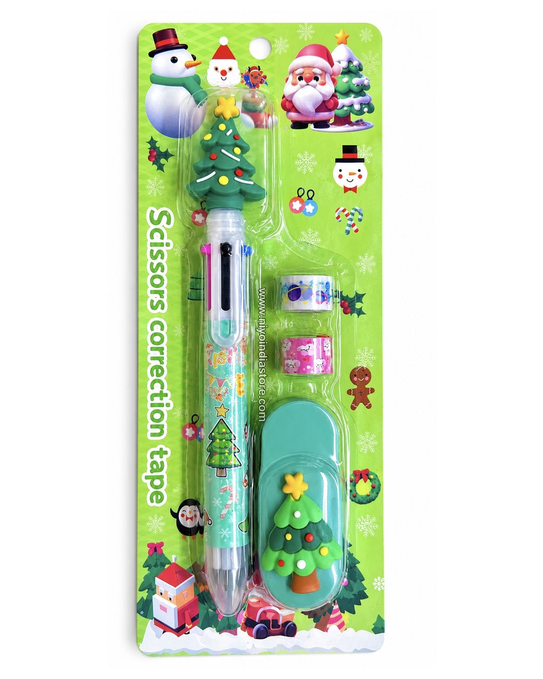 Christmas-themed stationery set for kids with a tree-shaped pen, correction tape, and festive stickers