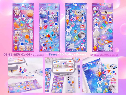 Colorful stickers of space featuring astronauts, planets, and rockets for creative fun, age 3+