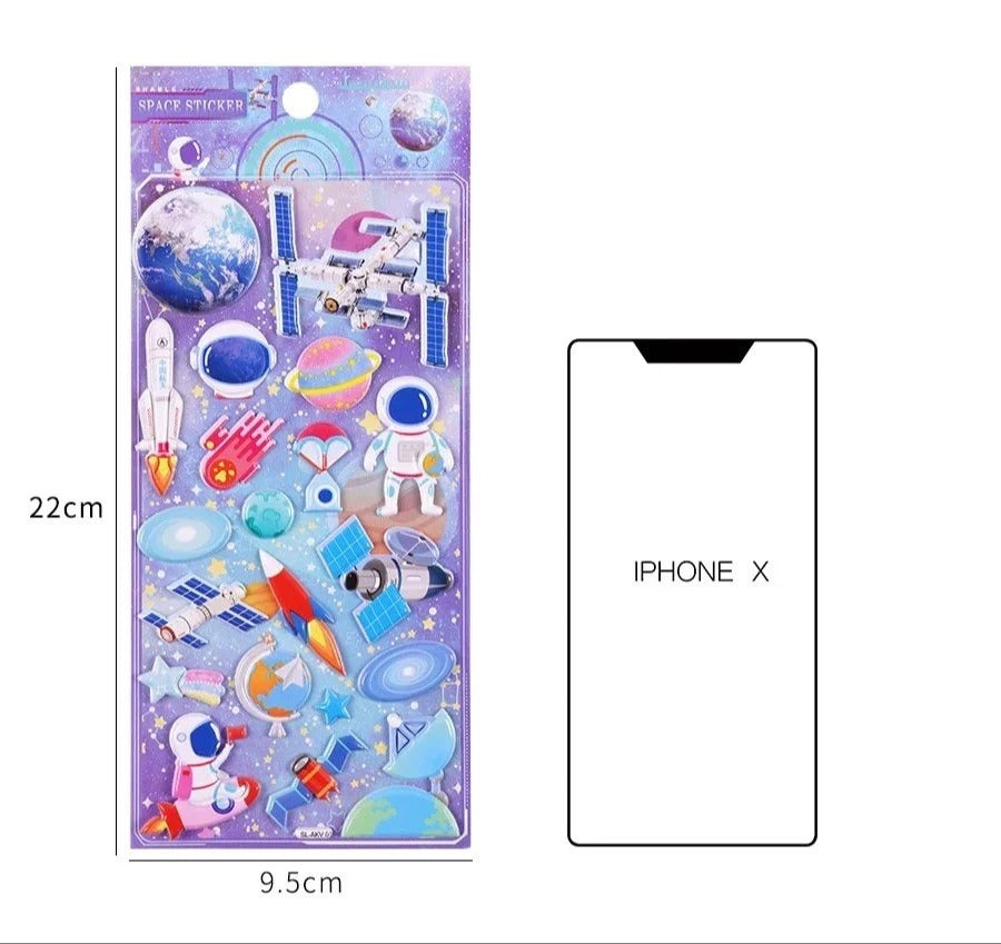 Colorful stickers of space for kids, featuring rockets and astronauts, suitable for ages 3 and up