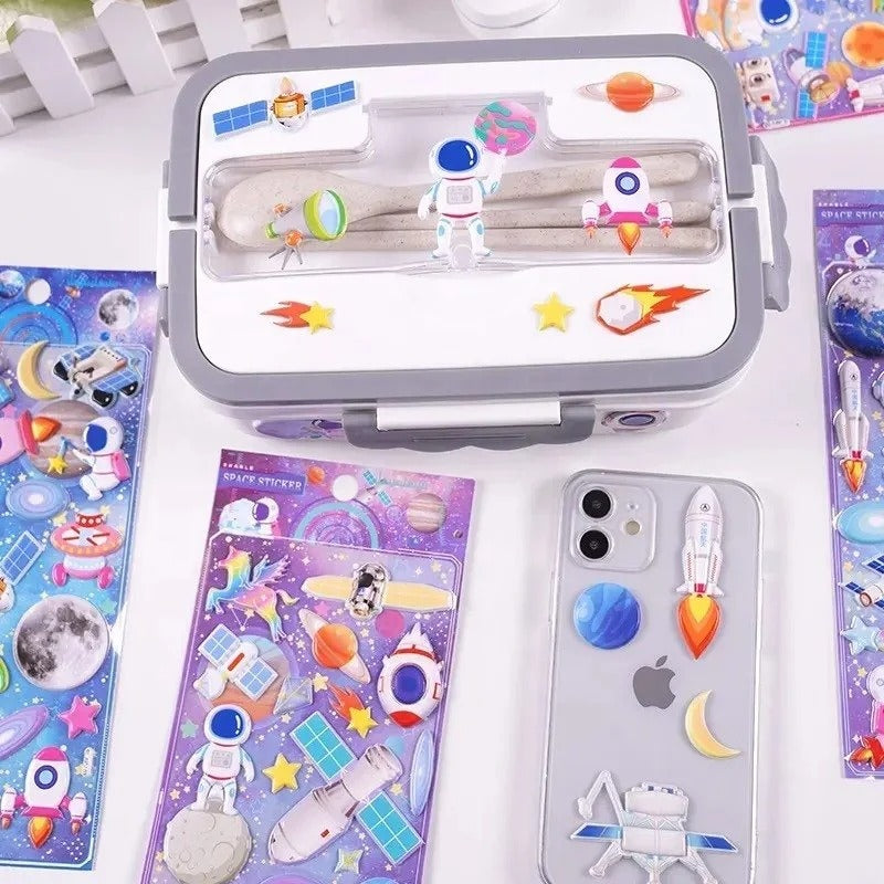 Colorful stickers of space featuring rockets, planets, and astronauts for kids age 3 and up