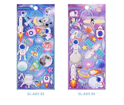 Colorful stickers of space featuring rockets, astronauts, and planets for ages 3 and up