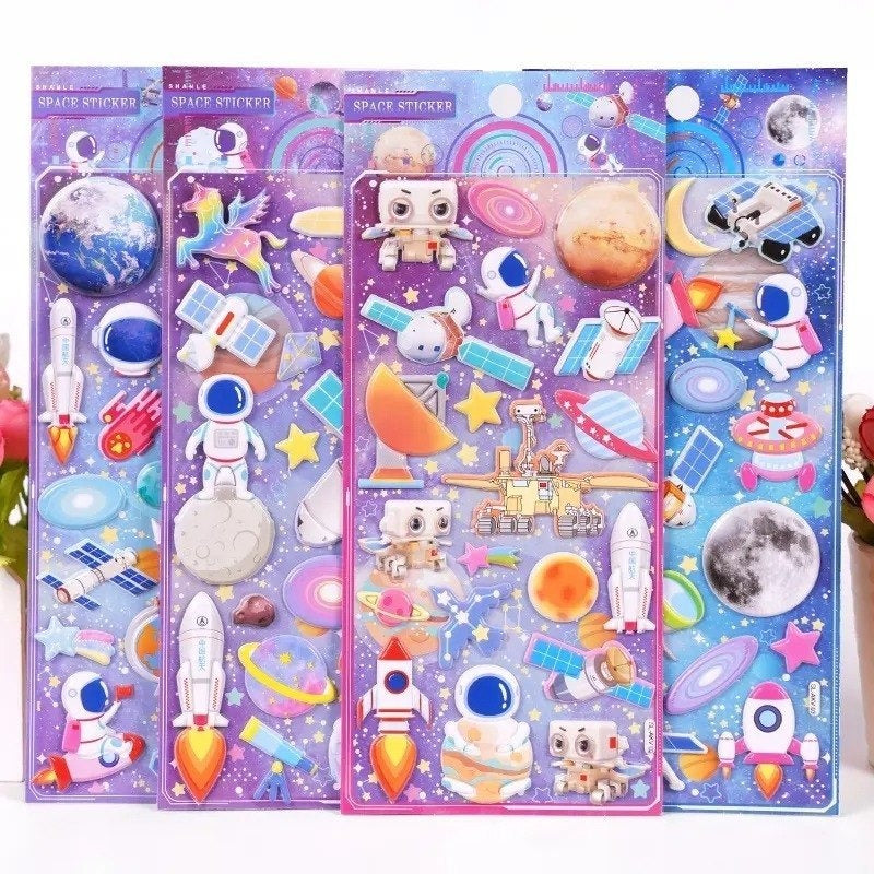 Colorful stickers of space featuring rockets, astronauts, and planets for kids age 3 and up