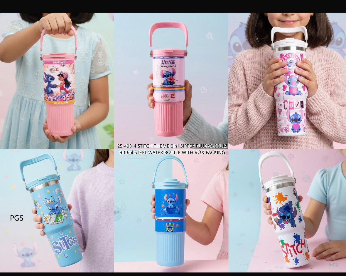Stitch kids insulated water bottle in pink and blue, 900ml, perfect for ages 3+, ideal for school and outdoor activities