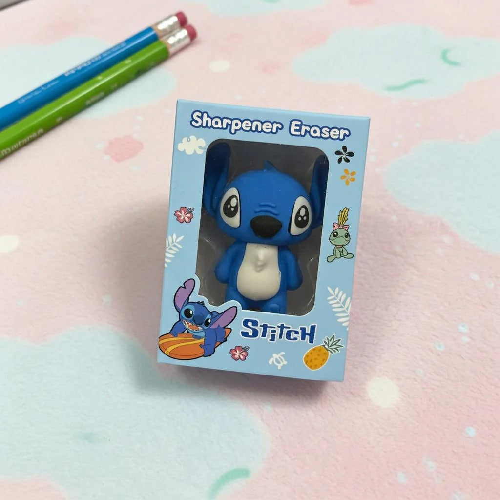 NIYO TOYS blue Stitch sharpener eraser, designed for ages 3 and up, ideal for school supplies