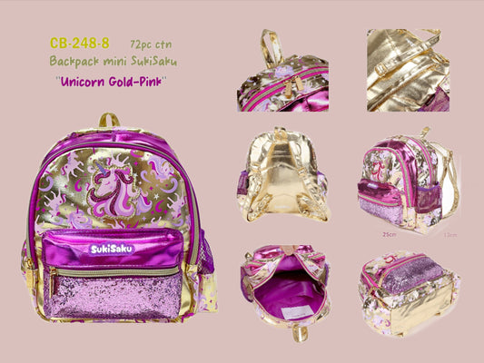 NIYO TOYS unicorn backpack in gold and pink with sparkly accents for kids age 3 and up