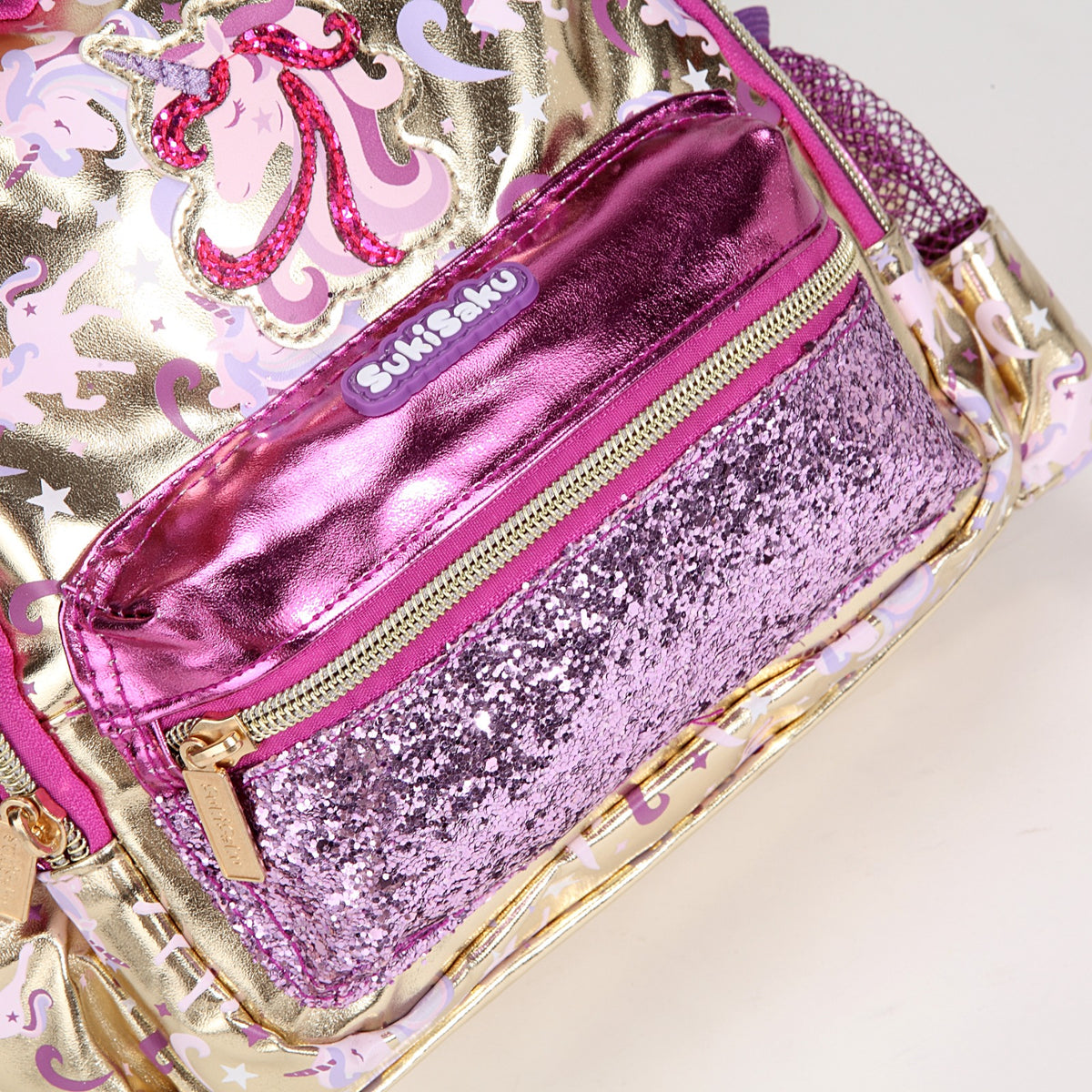 NIYO TOYS unicorn backpack in gold and pink with glitter details, perfect for children age 3 and up