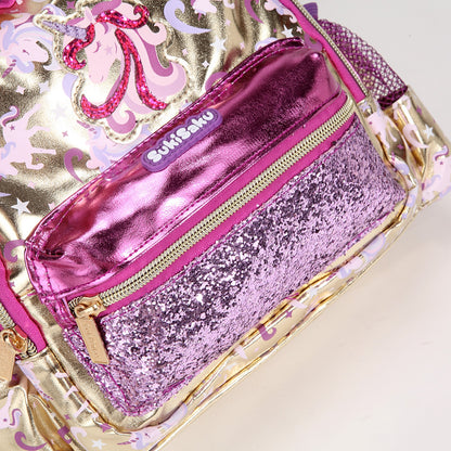 NIYO TOYS unicorn backpack in gold and pink with glitter details, perfect for children age 3 and up