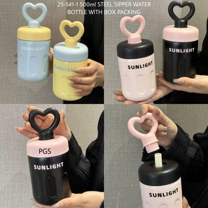 NIYO TOYS 500ml steel sipper water bottle in pastel pink and blue with heart-shaped lid for kids