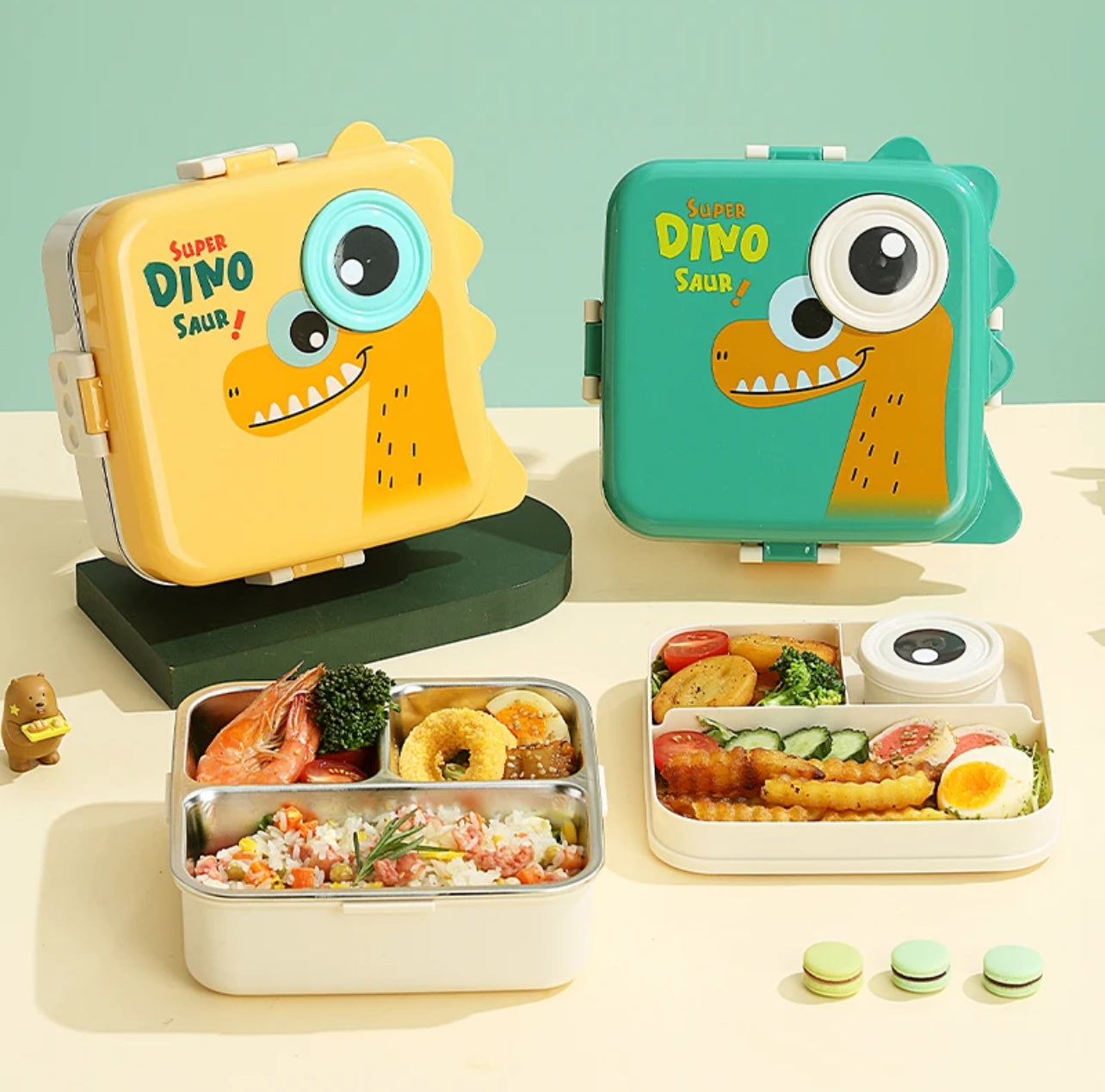 NIYO TOYS Dinosaur Lunch Box Set in Yellow and Green with Cute Eye Design for Kids