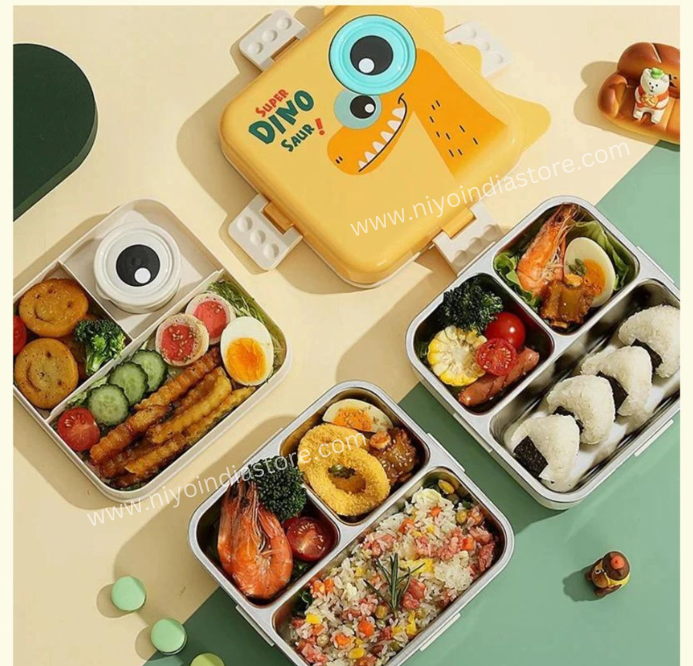 NIYO TOYS Dino-themed Lunch Box with Compartments for Kids featuring Colorful Food Arrangement