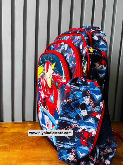 NIYO TOYS superhero school bag back to school featuring Iron Man design and multiple compartments