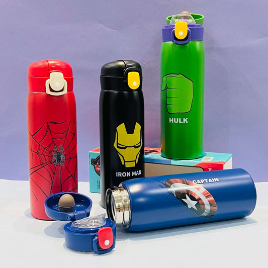 Set of NIYO TOYS 500ml superhero water bottles featuring Spider-Man, Hulk, Iron Man, and Captain America designs