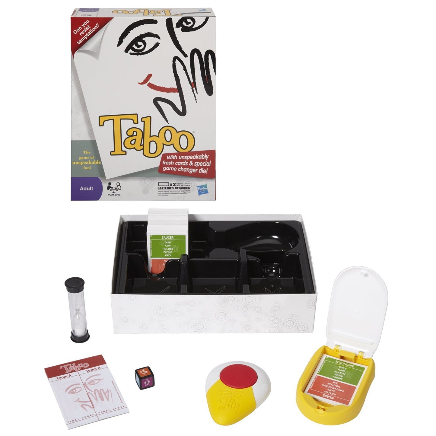 Taboo party game for adults with cards, timer, and buzzers for fun group activities