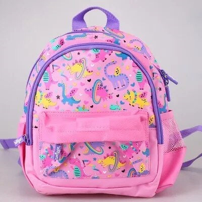 Colorful pink toddler backpack with playful dinosaur and star designs, ideal for preschool use