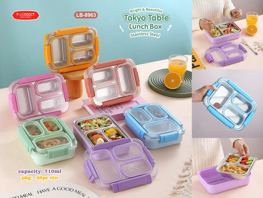NIYO TOYS Tokyo Table lunch box in various colors, featuring a spill-proof kids lunchbox design