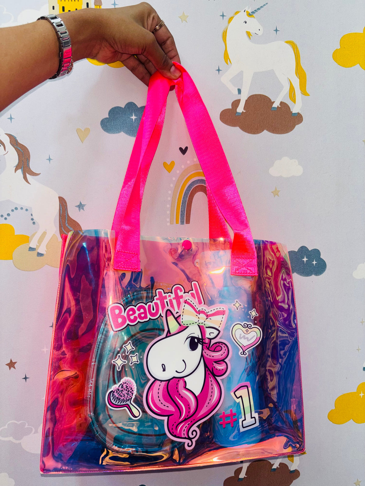 NIYO TOYS colorful tote bag with pink handles, featuring a unicorn design for kids age 3+