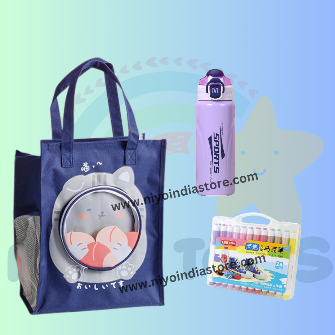 Navy blue tote bag featuring cute cat design, ideal for kids age 5+, perfect for school or outings