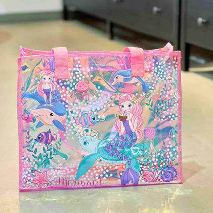 Colorful mermaid-themed tote bag ideal for kids age 3+, perfect for carrying toys and beach essentials