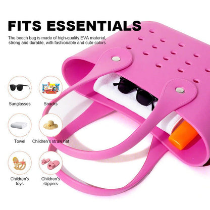 Pink NIYO TOYS tote for beach made of durable EVA material, ideal for kids ages 3+, holds sunglasses and towels