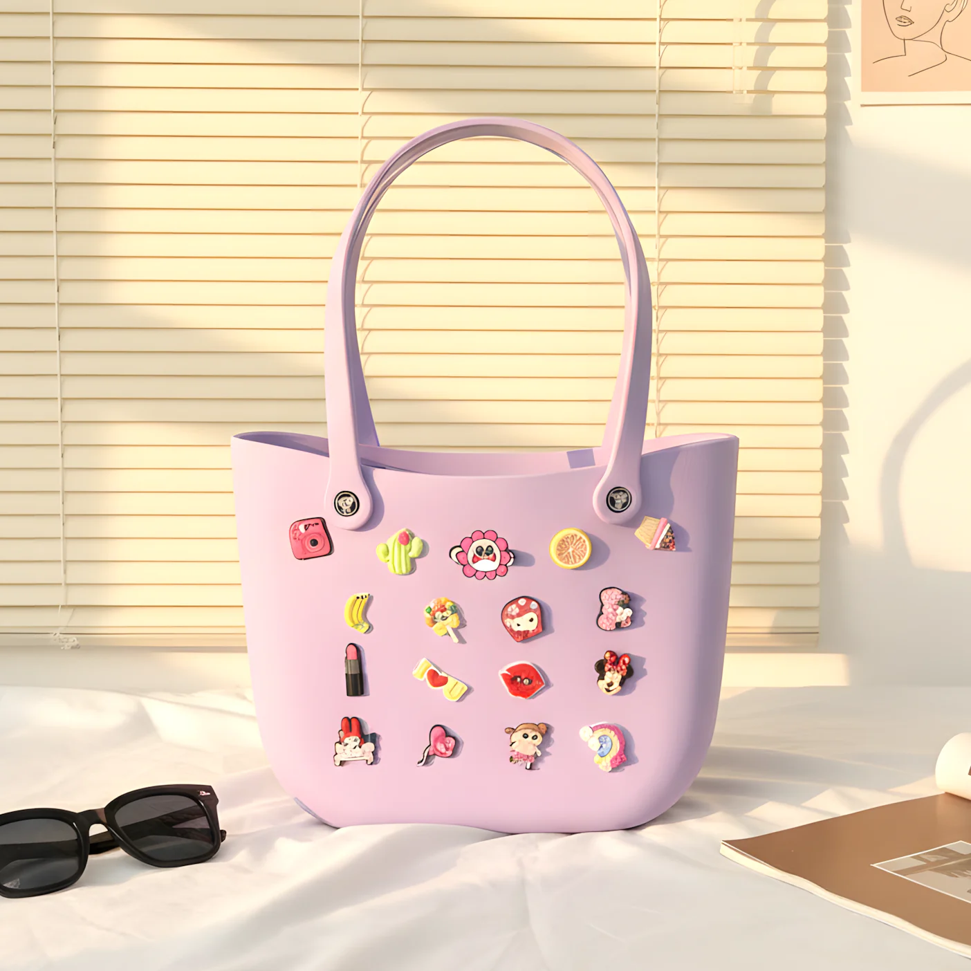 Purple tote for beach with fun emoji patches, ideal for kids and youth outings