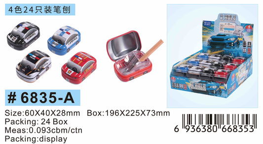 NIYO TOYS car-shaped pencil sharpener set in red, blue, white, and black, designed for ages 3+, perfect for school use